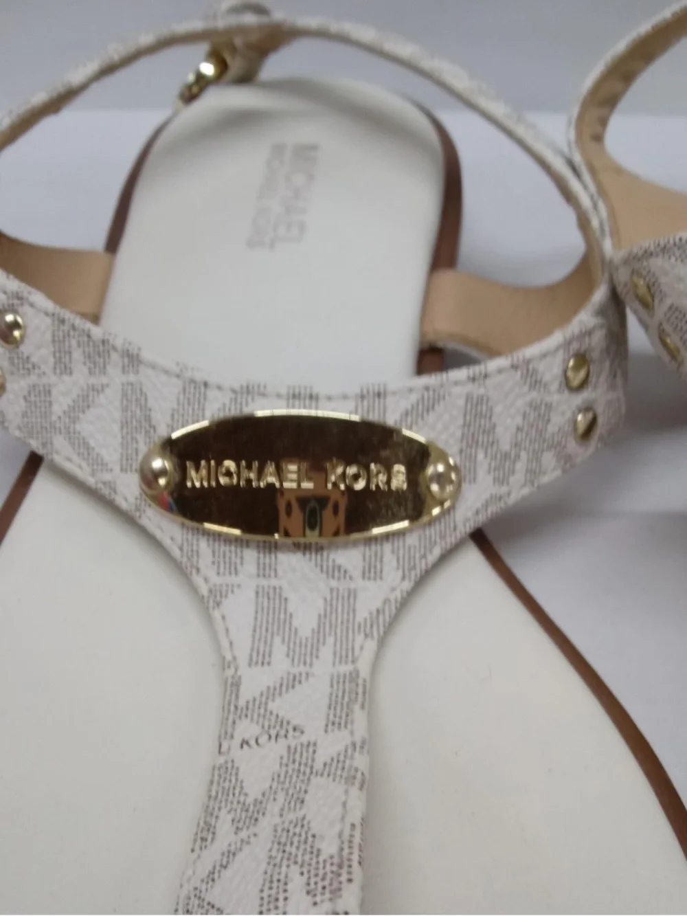 Michael Kors White Logo T-Strap Thong Sandals with Gold Accents